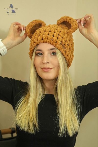 AidaAstrid Teddy Bear Eared Puffy Beanie Hat Animal Figured Brow Beanie Ski & Snowboard Winter Hand Knitted Hat