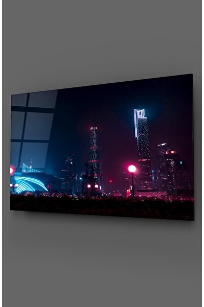 TAULART Tablou din sticlă cu efect neon pentru oraș