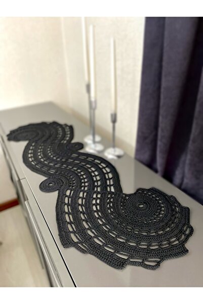 Parla Life El Örgüsü Siyah Polyester Makrome Runner 33x105 Cm