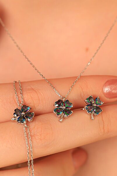 byess 925 Ayar Gümüş Mistik Topaz Taşlı Yonca Kolye Küpe Bileklik Set