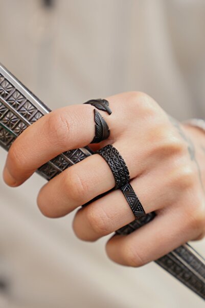 The Collection Unisex Siyah Kaplama Ayarlanabilir 3'lü Yüzük Set