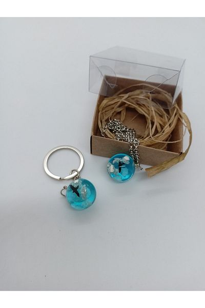 BalıkHediyelik Bird Themed Necklace and Keychain Set Between the Clouds