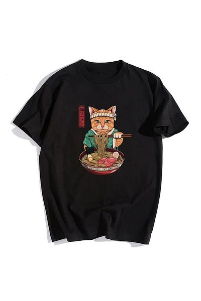 Touz Black Unisex Oversize Daily Samurai Cat Spaghetti T-shirt