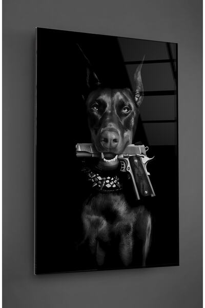 TAULART Siyah Beyaz Doberman Cam Tablo