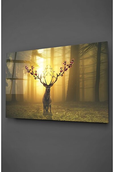 TAULART Pictură pe sticlă cu cerb cu coarne și flori