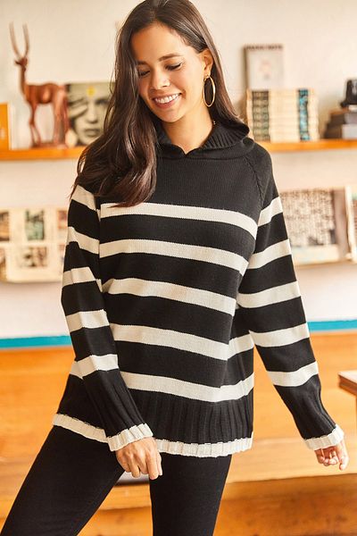 Olalook Women's Black Hooded Striped Soft Textured Oversize Knitwear Sweatshirt KZK-19000579