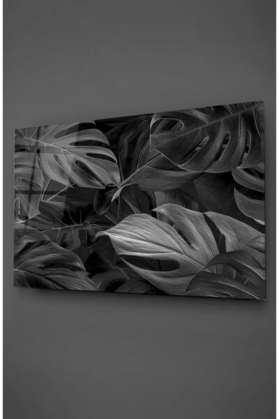 TAULART Tablou din sticlă cu frunze alb-negru