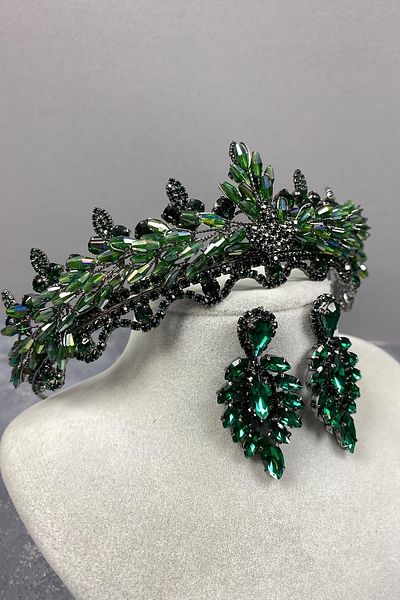 Hobigram Set de coroană de mireasă și cercei subțiri Marvel Model Henna cu cristal verde – Coroană, piatră de cristal – Coroană