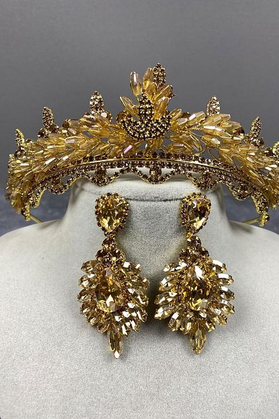 Hobigram Set de coroană și cercei de mireasă cu cristal de culoare miere Marvel Model Henna – Coroană, piatră de cristal, model elegant – Coroană
