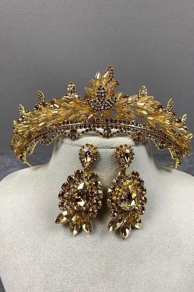 Hobigram Set de coroană de mireasă și cercei cu trei navete Marvel Model Henna cu cristal de culoare miere – Coroană, piatră de cristal – Coroană