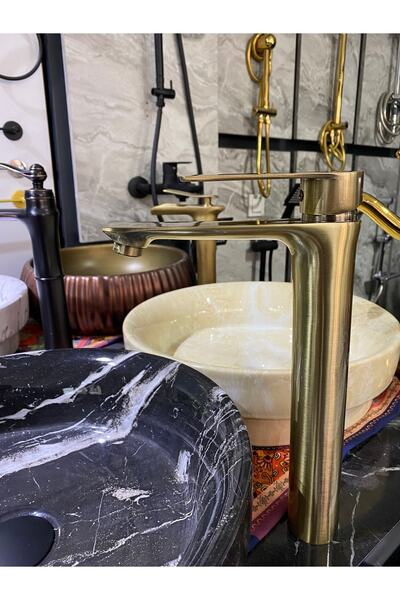 İSAOĞLU YAPI Mat Gold Çanak Lavabo Bataryası Mat Altın Çanak Musluğu Kare Sli...
