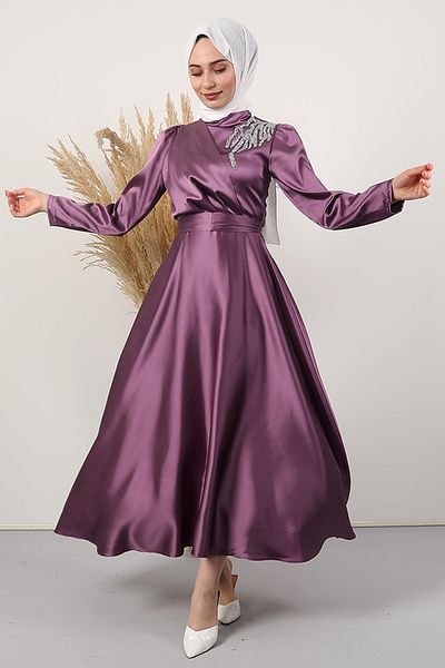 giz astore Rochie de seara din satin cu pietre pe umeri Liliac