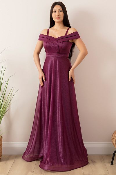 PULLIMM Strappy Glitter Tulle Long Evening Dress 13278