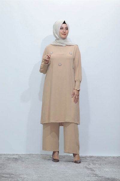 Zey&Ka Butik Plus Size Pearl Stone Gathered Sleeve Double Set