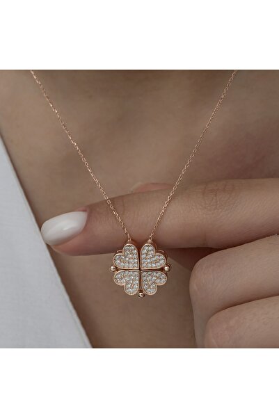 klas gümüş Kalpli Açılabilir Yonca Figürlü Rose Kolye-925 Ayar Gümüş