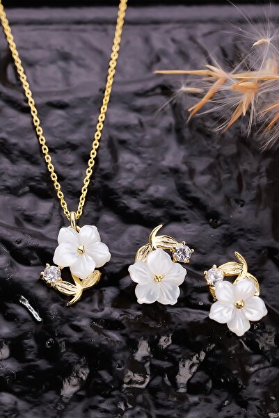 byess 925 Ayar Gümüş Sedef Taşlı Manolya Kolye Küpe Set