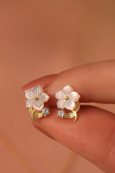 byess 925 Ayar Gümüş Sedef Taşlı Manolya Kolye Küpe Set