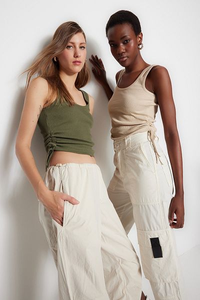 Trendyol Collection Khaki-bézs 2 csomagos redős részletes medencegallér bordázott, rugalmas kötött felső TWOSS21AL0195