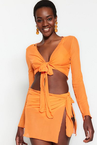 Trendyol Collection Narancssárga szőtt hálós blúz szoknyakészlet TBESS23AU00033