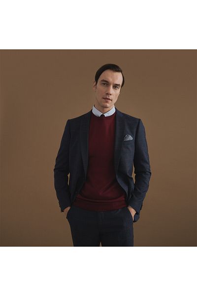 Sarar Interview Tedrick Navy Blue Claret Red Plaid Slim Fit Suit