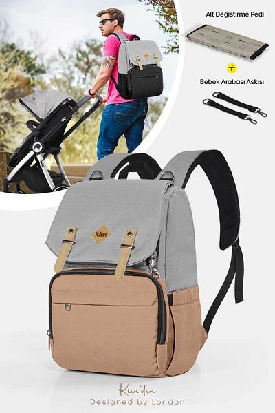 Kiwi حقيبة العناية بالطفل من Coolbag - سلمون رمادي مع حجرة حرارية، مقاومة للماء، وسادة
