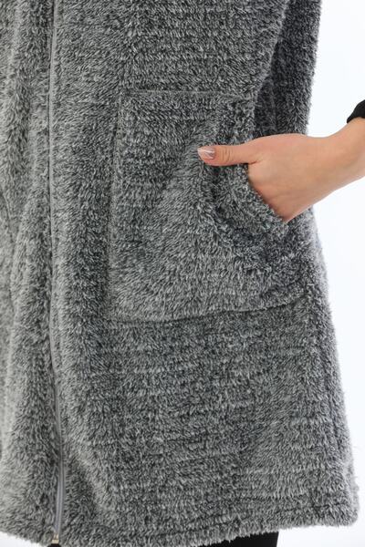 Kardelen Butik Ümraniye Zippered Fleece Long Gray Plush Vest