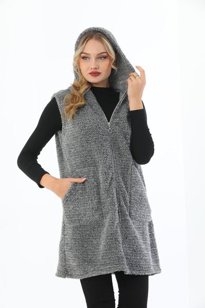 Kardelen Butik Ümraniye Zippered Fleece Long Gray Plush Vest