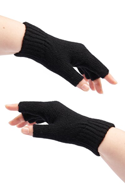 pinknite Yün Eldiven Unisex Yarım Parmak Kesik Eldiven Siyah