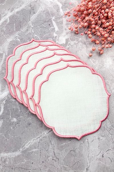 WEARE2 Pink Colored Embroidered Linen Effect Set of 6 Cocktail Napkins