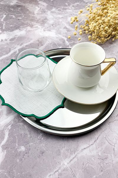 WEARE2 Green Colored Embroidered Linen Effect Set of 2 Cocktail Napkins