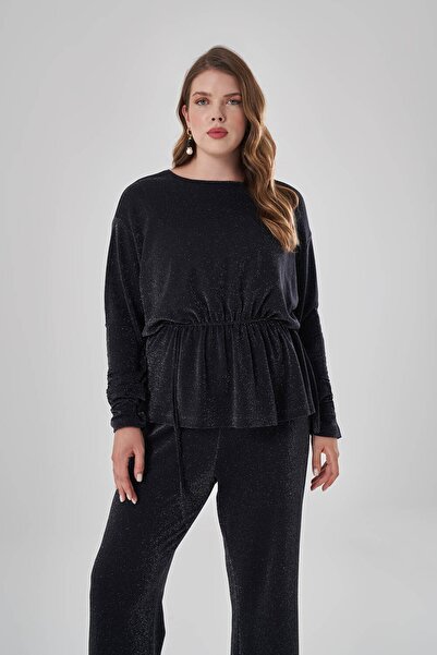 Mizalle Gümüş Simli Siyah Tunik