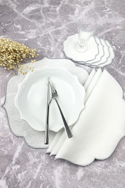 WEARE2 Set de 8 piese brodate, de culoare gri argintiu, pentru servire americ...