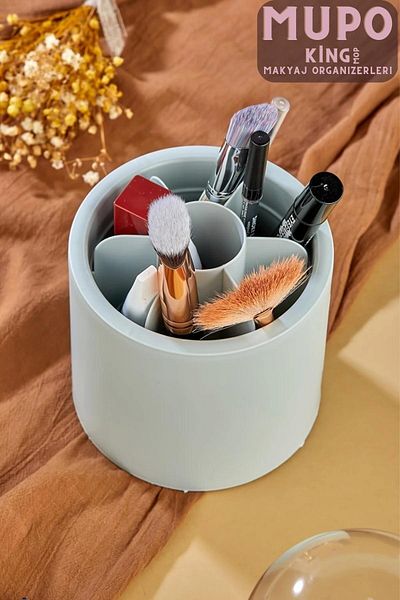 King Mop Mupo Gray Colored 7 Compartment Makeup Brush and Cosmetic Organizer with Transparent Protection Cover