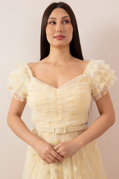 PULLIMM Flocked Tulle Boat Neck Long Dress with Belt 13411