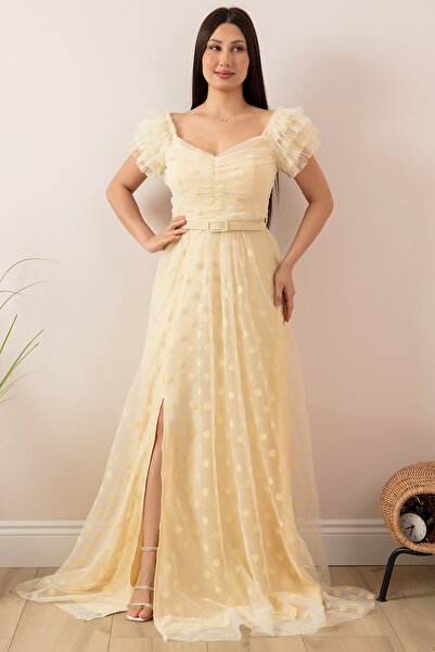 PULLIMM Μακρύ φόρεμα με λαιμόκοψη Flok Tulle Boat με ζώνη 13411