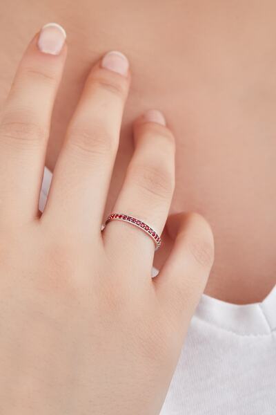 Omorfi Silver Garnet Taşlı (LAL TAŞI) 925 Ayar Gümüş Tek Sıra Tam Tur Yüzük