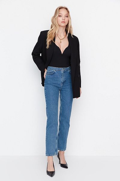 Trn JNS Nika Mid Blue Colorfast Mom Jean Femei Boyfriend Pantaloni Power Lycra cu talie înaltă