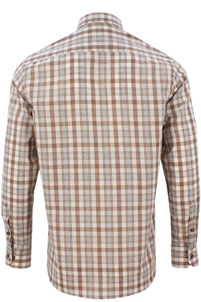 Varetta Ανδρικό καφέ 100% βαμβακερό μακρυμάνικο πουκάμισο με κουμπιά με μονή τσέπη καρό κλασικό κομμένο πουκάμισο