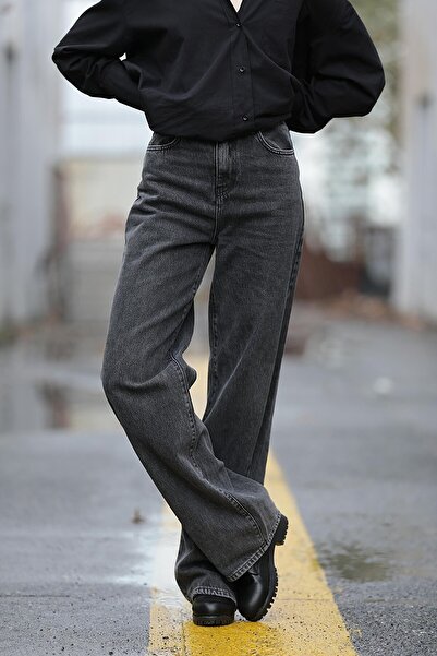 Livik Cemre Women's Gold Smoked Snow Wash Lycra Wide Leg Jeans Loose Wide Leg Anthracite Jeans