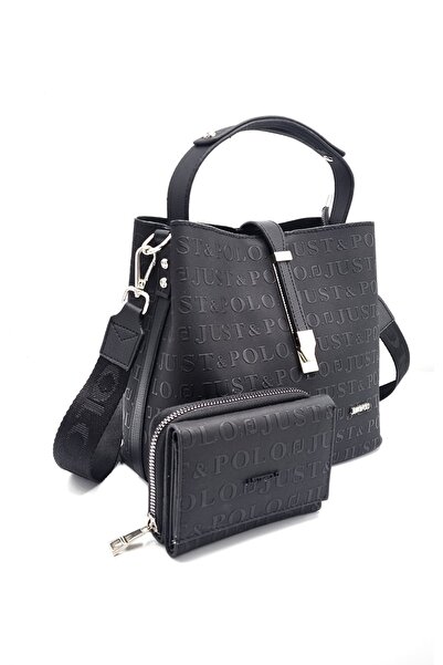 Just Polo مجموعة حقيبة ومحفظة سوداء اللون مكونة من 5 أقسام للنساء