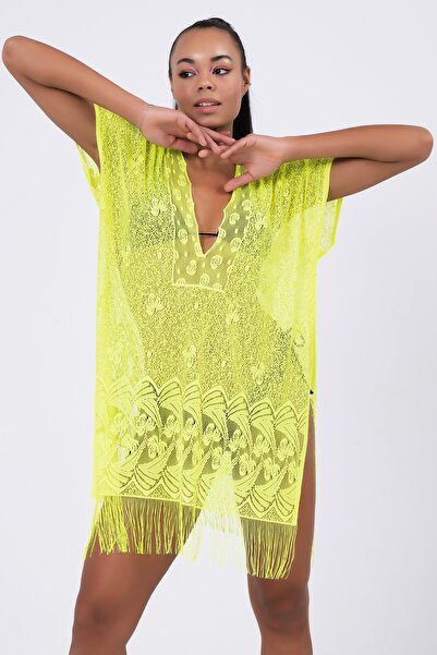 vawensea Women's Plain Lace Tasseled Pareo Green