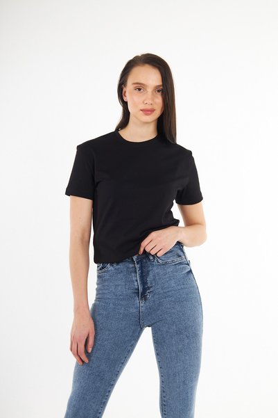 Elia Moda Tricou de bază negru 100% bumbac cu decolteu rotund