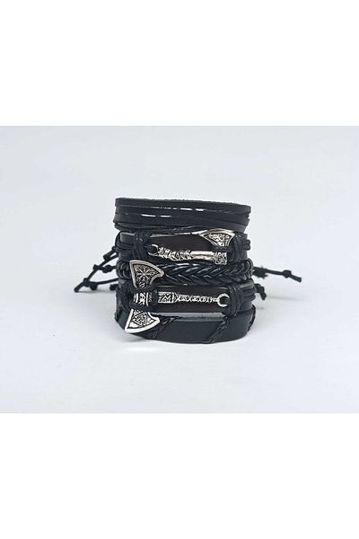 BSN Viking Thor Nordic Axe Figure 5 Pieces Handmade Genuine Leather Bracelet