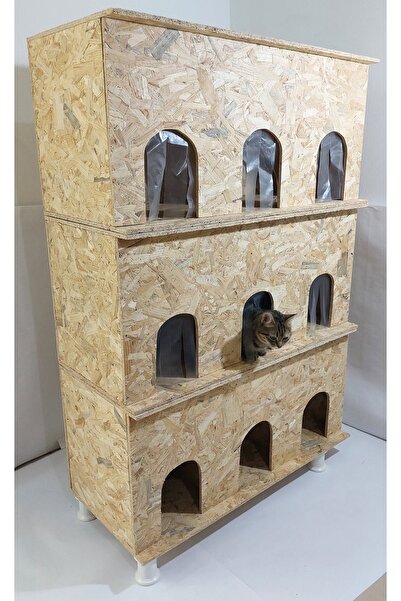 KUMSSHOP Demonte, 3 Katlı, Isı Yalıtımlı, Rüzgar Siperi Iç-dış Mekan Kedi Evi 70x32x32 Ölçü