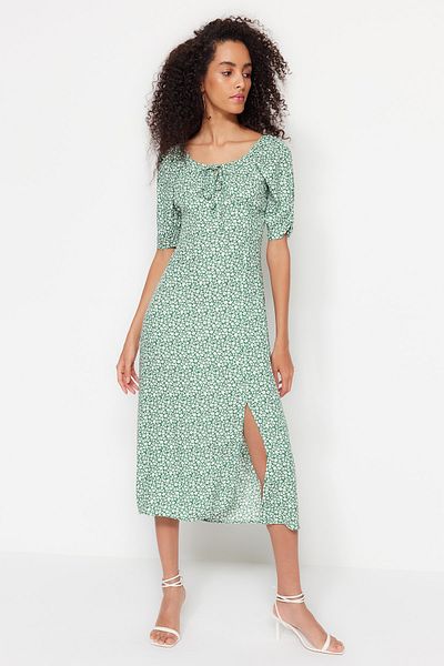 Trendyol Collection Πράσινο Μίντι Υφαντό Φόρεμα με Λεπτομέρεια Γραβάτα TWOSS23EL00410