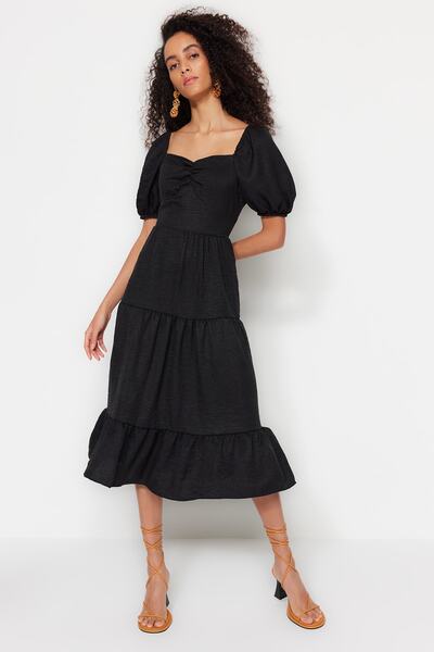 Trendyol Collection Black A-Cut Midi Woven Flounce Balloon Sleeve Woven Dress...