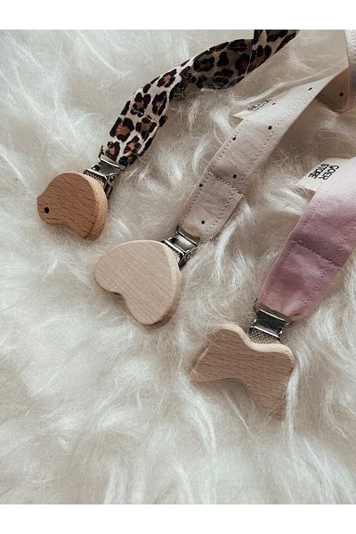 GOER STORE 3-Piece Natural Wooden Bird-Heart-Butterfly Pink Detailed Baby Girl 100% Cotton Baby Pacifier Strap