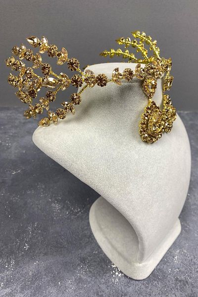 Hobigram Set de coroană de mireasă și cercei cu piatră de henna model Selen cu două fețe de culoare miere – coroană, piatră de cristal