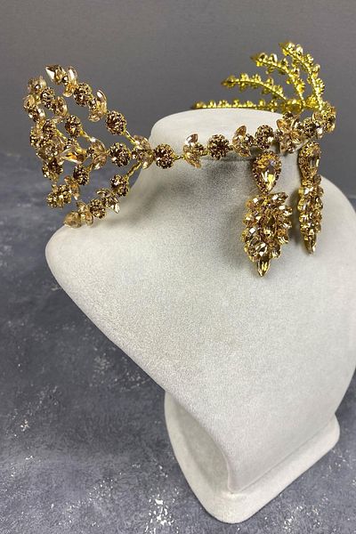 Hobigram Set de coroană de mireasă și cercei subțiri cu selen model Honey Color – Coroană, piatră de cristal