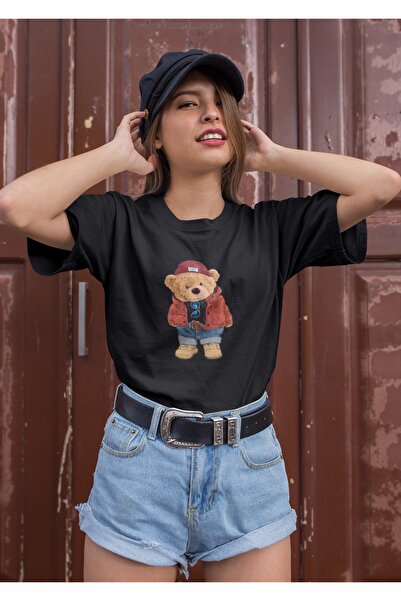 Serbella Teddy Bear Printed Oversize Black Tshirt